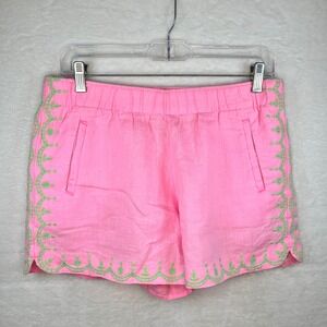 Lilly Pulitzer Womens Pink Green Embroidered Scalloped Linen Blend Shorts Medium